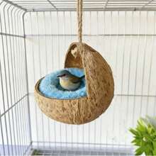 Natural Small Pet Coconut Shell Bird Nest, House, Bed, Breeding Nesting, Anti-Chew, With Warm Pad And Bell For Parrots, Cockatiel, Finch - Multicolor - View 4