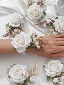 1pc/6pcs Luxury Princess Rose Flower With Faux Greenery & Pearl Bracelet, Suitable For Bride, Groom, Bridesmaids, Weddings, Engagements, Parties, Events