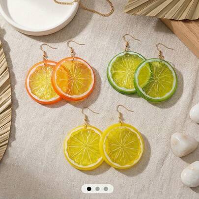 3 Pairs Women's Oversized Dangle Earrings, Faux Citrus Fruit Pendant, Hollow Lightweight Plastic, Exaggerated Personalized, Sweet Style Suitable For Music Festivals, Daily Wear, Birthday, Vacation, Women's Fashion Jewelry