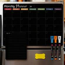 Magnetic Erasable Refrigerator Calendar, Monthly Meal Planner And Today's Menu Whiteboard, 2pcs Fridge Chalkboard, Suitable Kitchen Office, Includes 3 Marker Pens And 1 Eraser - 黑色套裝 [隨機顏色色鉛筆和橡皮擦] - 查看 5