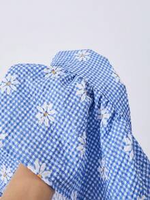 Summer Girls' Sweet & Fresh 2pcs Set, Blue & White Plaid Puff Sleeve Top With Floral Print & Bow Decor, Paired With Matching Loose Casual Pants, Stylish Outfit - Blue - View 11