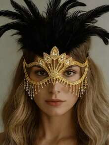 Silver Feather Rhinestone Tassel Mask, Luxury Crystal Facial Decor, Masquerade Party Mask For Women - Gold Black - 查看 6