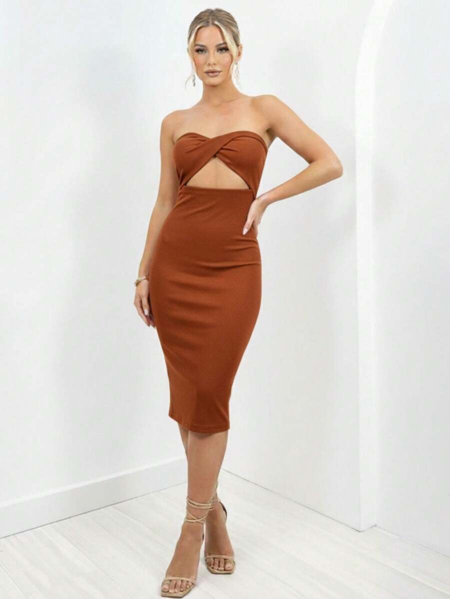 Plain Strapless Tube Midi Dress - Đồng - Xem 1