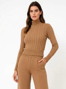 Winter Braided Knit Set, Long Sleeves, Cold Weather, New , Premium Release - 深卡其色 - 查看 1