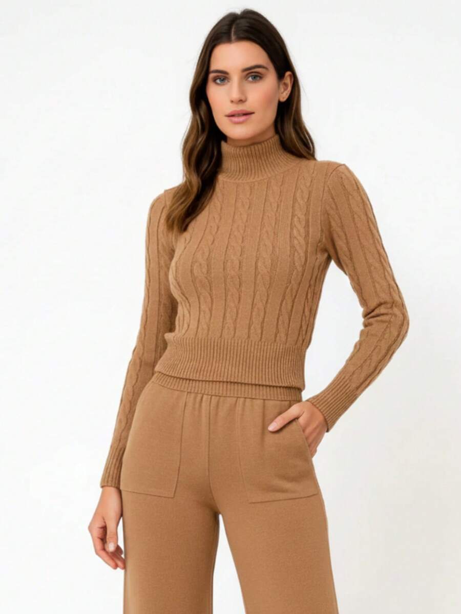 Winter Braided Knit Set, Long Sleeves, Cold Weather, New , Premium Release - 深卡其色 - 查看 1
