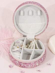 Rhinestone DecorationTravel Jewelry Box With Mirror, Jewelry Organizer And Storage, Portable Jewelry Box With Mirror Travel Jewelry Storage Box Ins Style Multi-Functional Jewelry Box Anti-Oxidation Large Capacity Jewelry Organizer Box - Multicolor - View 9