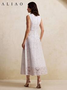 新款女士法式白色无袖V领荷叶边蕾丝镂空刺绣中长连衣裙，修身剪裁，通勤约会皆宜，优雅大方 - 白色 - 查看 7