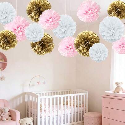15pcs Pink, Gold, White Fluffy Pom Pom Paper Flower Balls Ceiling Hanging Decor, Kids Room Birthday Party Atmosphere Decoration Set, Baby Girl Nursery Hanging Ornaments
