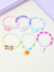 6件套可爱蝴蝶结、兔子、蝴蝶、花朵、蜜蜂串珠手链，适合女孩日常、节日、生日、派对佩戴 - 彩色 - 查看 7