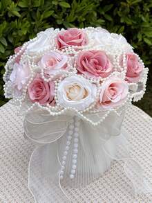 8.66 Inch Artificial Wedding Bouquet, Bridal Faux Pearl Veil Decorated Rose Bouquet, Suitable For Wedding Ceremony, Anniversary, Homecoming And Other Occasions, Valentine's Day Gift,Festival,Birthday - Multicolor - View 8