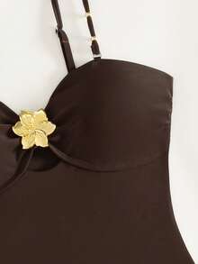 1pc Elegant Solid Color Knit Fabric Swimsuit, Suitable For Beach Vacation All Year Round Summer - Brown - View 5