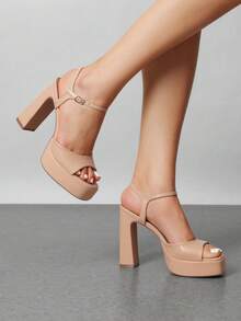 Women Chunky High Heeled Sandals 2026 New Spring Summer Sexy Open Toe Ankle Strap Super High Heel Sandals Suitable For Party Runway - 裸色 - 查看 1