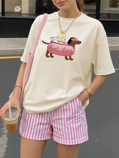 腊肠犬图案“你是我的热狗”印花休闲时尚宽松短袖女式上衣，图案T恤，柔软面料，户外穿着，印花图案，夏季T恤，女式T恤，上衣，夏季衬衫，度假装，旅行风格，海滩风，简约度假装