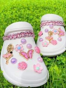 22颗DIY粉色水钻链，可拆卸粉色蝴蝶芭蕾舞鞋装饰纽扣，适用于沙滩鞋、镂空鞋、节日礼物，四季皆宜 - 粉色 - 查看 6