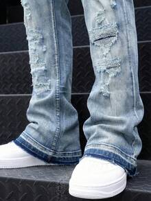 Men's Flared Jeans, Slim Fit Distressed Flare Leg Jeans, Y2K Stacked Jeans, Contrast Wash Embroidered Jeans, Suitable For All Seasons - Baby Blue - View 6