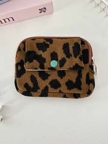 Corduroy Flip Cover Card Holder & Coin Purse, Multi-Functional Leopard Print Organizer Pouch Women's Portable Lipstick & Cosmetic Bag - Multicolor - View 19
