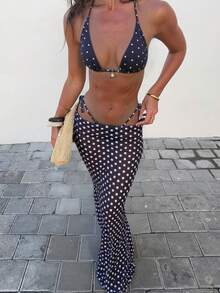 女士时尚波点印花挂脖系带比基尼泳衣套装，含罩裙，完美海滩风，穿着舒适，高弹面料，色彩鲜艳，是夏季海滩和泳池的理想之选。 - 彩色 - 查看 5