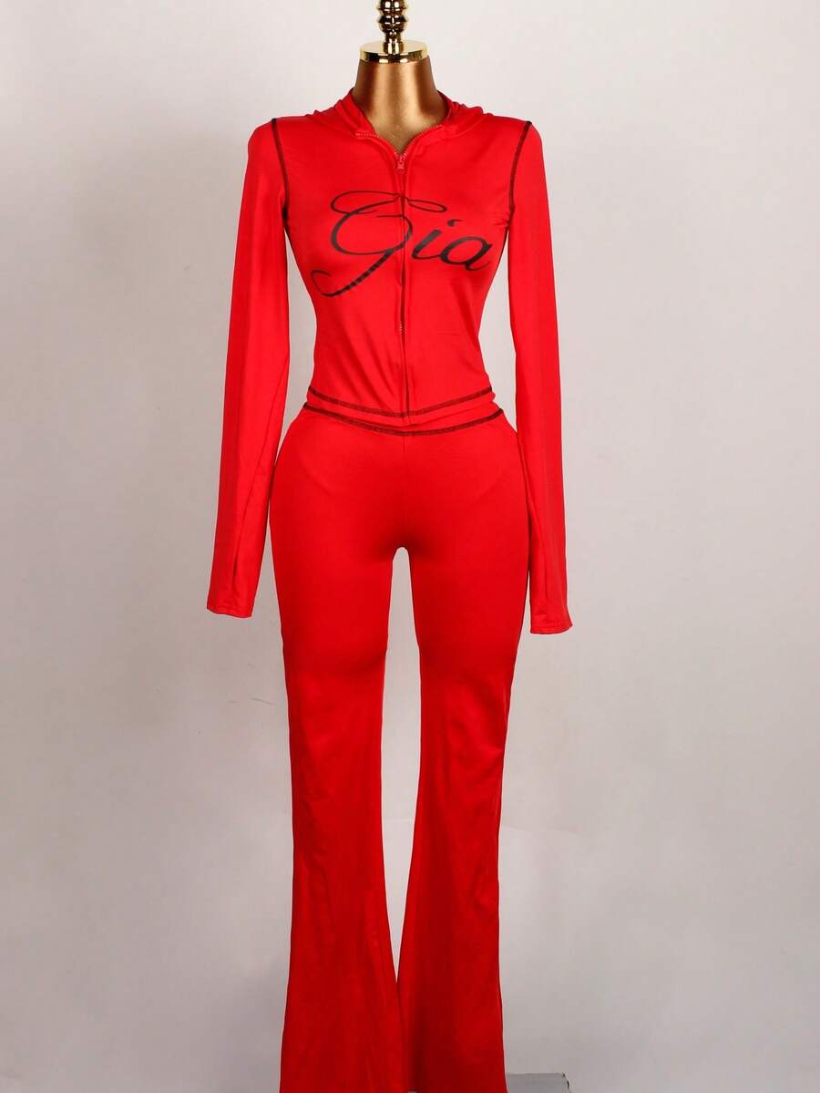 Spring And Summer Leopard Print 2 Pieces Set Causal Street Outfits Women Y2K Fashion Long Sleeve Zip Hooded Crop Tops Pants Set - 紅色 - 查看 1