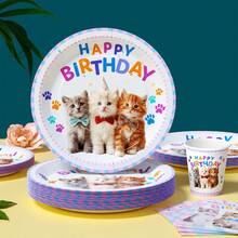 Cute Cat Happy Birthday Disposable Plates, Napkins, Cups - One-Time Party Supplies Set, Fits 25 Guests, Disposable Paper Plates Party Tableware Suitable For Birthday, Wedding, Theme Party, Family Picnic - Multicolor - View 3