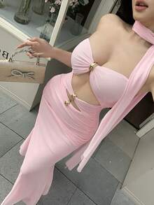 abyoxi 女士粉色无肩带露背多层镂空金属纽扣装饰褶皱修身美人鱼长裙，配颈巾，性感优雅迷人，时尚百搭，适合浪漫约会、派对、正式晚宴、新年、情人节等场合，春夏修身美人鱼长裙 - 粉色 - 查看 3