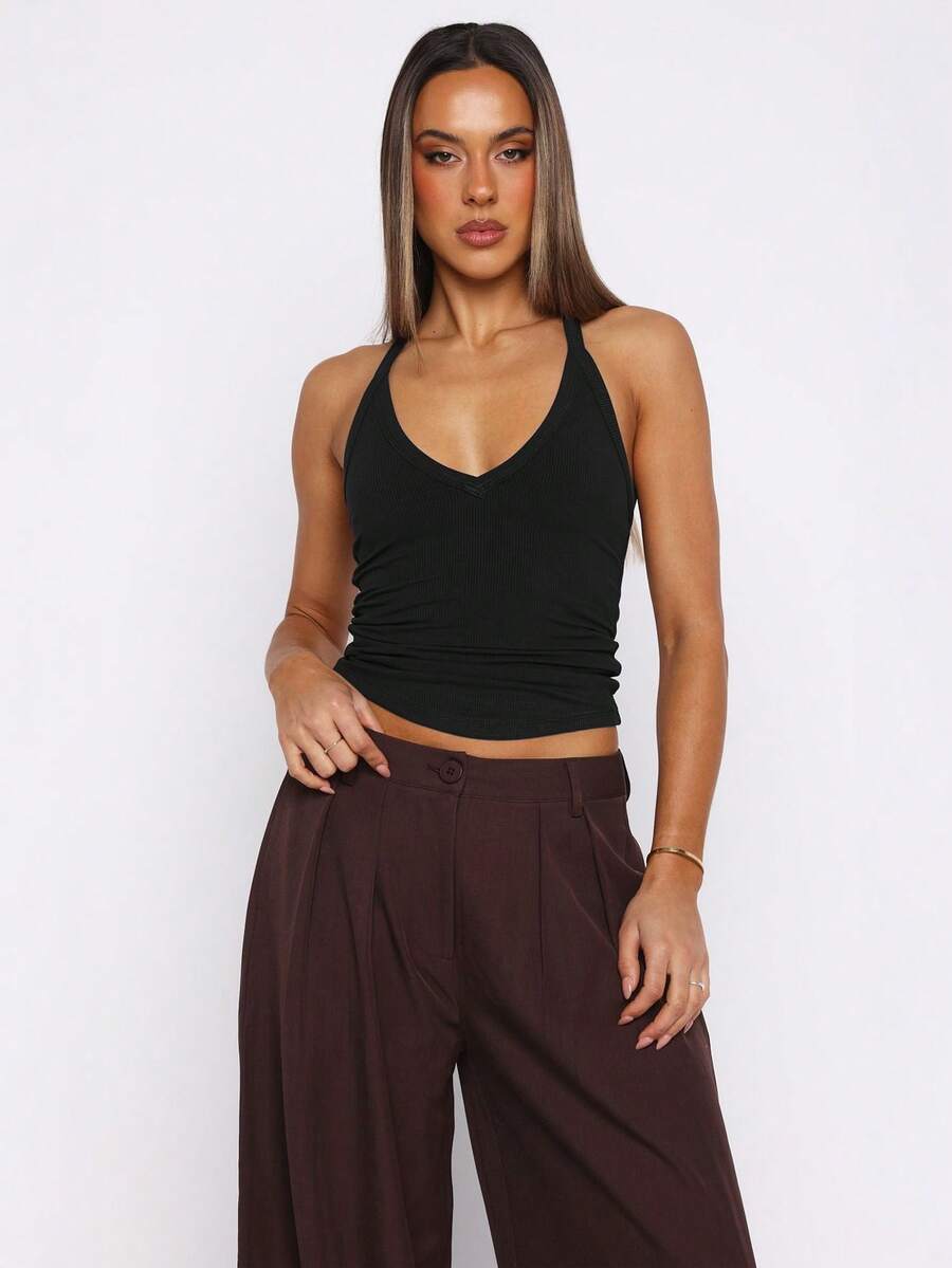 女士春夏性感U领露背条纹吊带背心，女士外出上衣，女士黑色上衣，日常、通勤、派对、度假、新年和情人节穿搭 - 黑色 - 查看 1