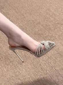 10cm High Heel Pointed Toe PVC Transparent Rhinestone Sandals, Summer 2026 New Backless Wedding Party Shoes For Women - Silver - View 1