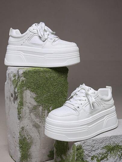 Women's Platform Thick Sole Casual Sneakers, Fashion Versatile Wedge Heel Lace-Up Shoes, Sporty Style, Increased Height, Spring/Autumn New Leisure Travel Shoes, Student