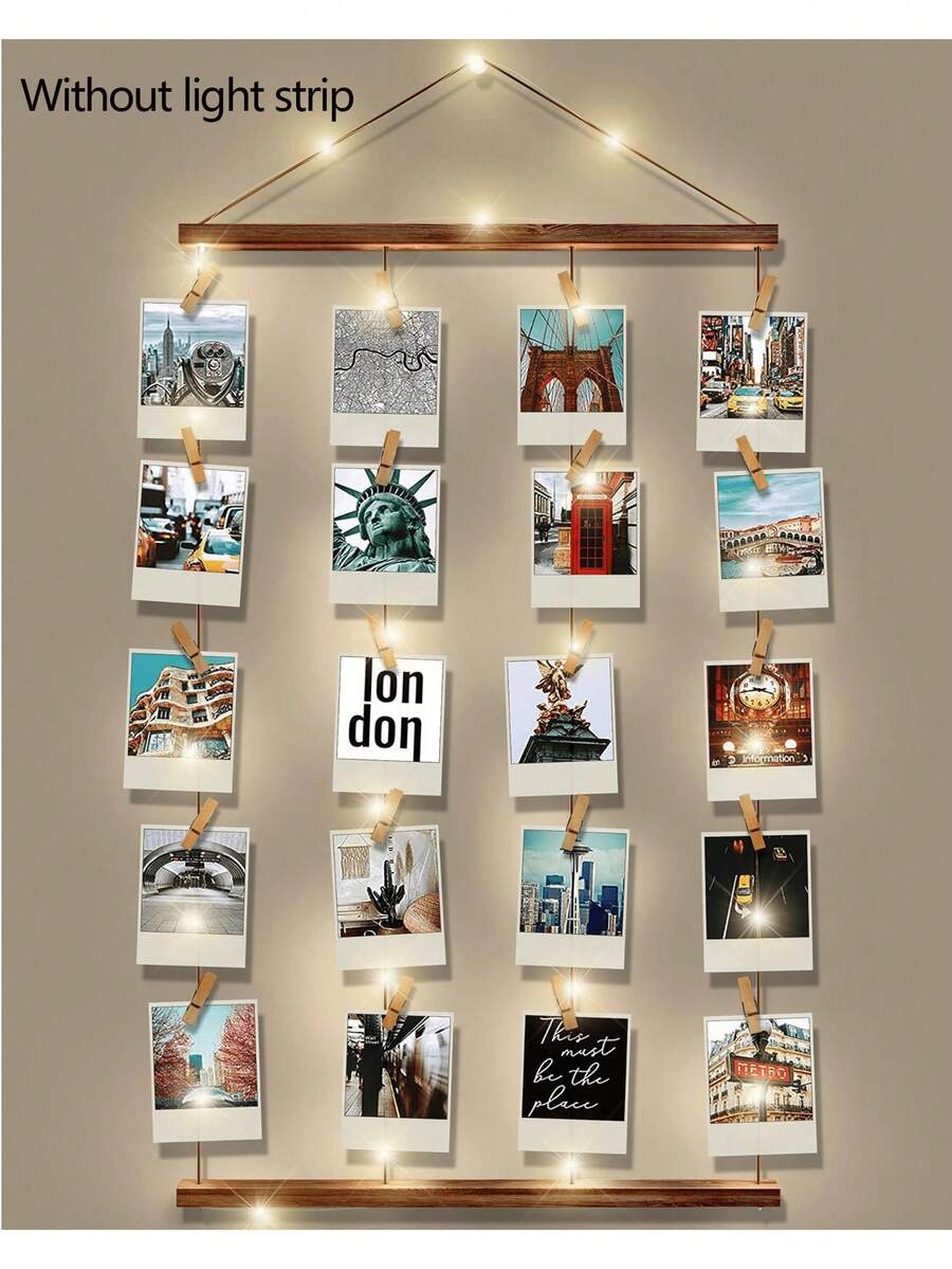1 Set Photo Frame Collage Wall Decor - Photo Board With 30 Clips And String For Photo Display, Artwork Hanging Multiple Photos, Size: 15.8" L X 27.6" W (Without Light Strip) - Brown - View 1
