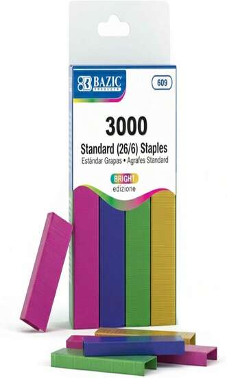 BAZIC Staples Standard (26_6) Metallic Color 3000_Pack, Stapler Refill Standard Size Staple, Assorted Colors, 1-Pack