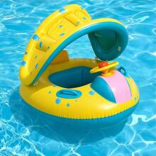1pc Inflatable Baby Swimming Ring With Handle, Suitable For Beach & Pool, Comes With Adjustable Sunshade Canopy, Can Be Used As Inflatable Seat - Yellow - View 2