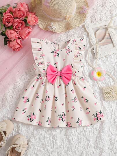 Summer Little Girls Beautiful Dress Baby Girls Summer Stylish Dress, Cute Girls Sleeveless Round Neck Dress With Bowknot Decor, Floral Print, Ruffle Hem (Dress With Back Button Closure)