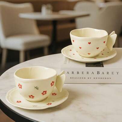 High-Quality Coffee Cup & Saucer Set, Ceramic Floral Patterned Tea Cup, Suitable For Women, Afternoon Tea, Water Cup