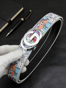 1pc Men's Automatic Buckle Belt, Cartoon Hawaiian Print Casual G-Buckle Letter Buckle, Youth Business Casual Street Style Asymmetrical Print Belt, 120cm Length - Multicolor - View 7