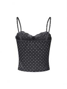 Women Y2k Camisole Tops Polka Dot Print Lace Trim Tie-Up Front Casual Cami Tops Spaghetti Strap Tank Tops Summer Fashion Sleeveless Slim Fitted Shirt Going Out Tops Club Streetwear Fairy Aesthetic Clothes - 黑色 - 查看 5