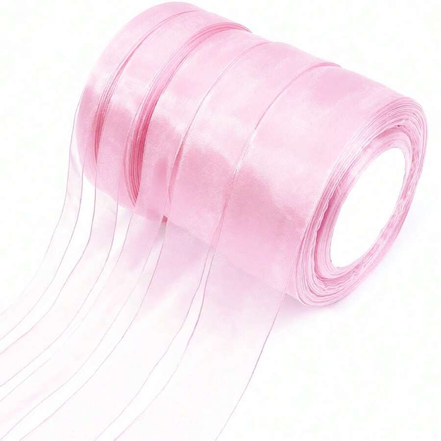 50码透明欧根纱丝带，宽度12-38毫米 - 非常适合DIY礼品包装、发饰、珠宝展示、鲜花包装、礼品包装、蝴蝶结、DIY派对装饰 - 粉色 - 查看 1