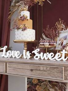 3pcs Set | "Love Is Sweet" Wooden Desktop Letter Decor Plaque, Valentine's Day Decor, Hollow Dessert Table Decor Rack, Valentine's Gift, Wooden Heart-Shaped Letter LVOE, Suitable For Wedding Decoration, Anniversary, Photo Prop, Valentine's Day (White) - Multicolor - View 3