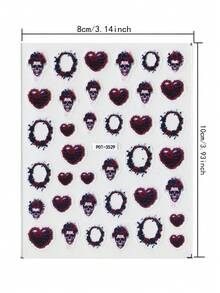 1片可爱骷髅浮雕美甲贴纸，自粘闪光美甲装饰，花环和爱心图案，卡通主题，哥特风格，不规则形状，一次性DIY美甲沙龙用品（女士适用） - 彩色 - 查看 2
