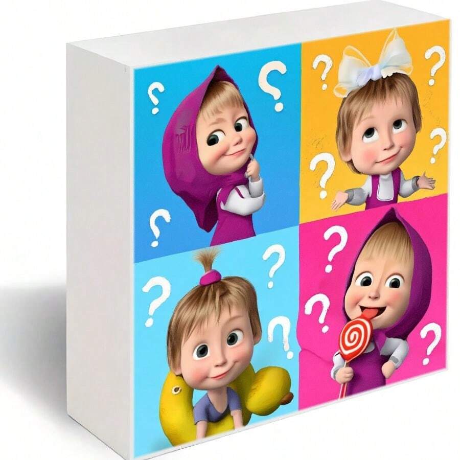 Decorative Wooden Box With Four Color Quadrants Featuring Masha From '' - Purple Hooded Cloak, White Bow, Pink Hair Tie & Red-White Lollipop Characters, Surrounded By Question Marks On Blue, Yellow, Blue, Pink Backgrounds - White - View 1
