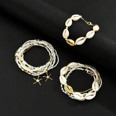 7Pcs/Set Bohemian Star-Shaped Shell Imitation Beads Women Bracelet Set Anklet Daily Wear Date Vacation Party Gift For Boyfriend