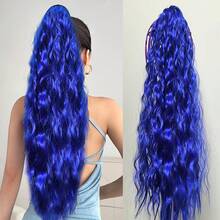 耐热合成纤维长波浪马尾辫，适合女性日常佩戴 - 有深棕色、黑色、蓝色、金色可选 - 彩色 - 查看 5