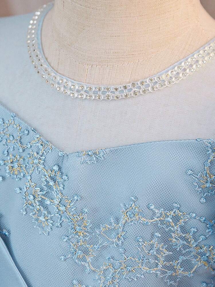 Vestido elegante de satén con volantes, bordado y con pedrería para niñas, apropiado para recitales de piano, cumpleaños, fiestas de baile y galas de noche. No incluye diadema. - Azul - Añade 8