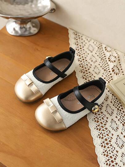 Toddler Girls' Flat Hook And Loop Shoes, Comfortable Metal Decor Princess Shoes