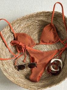 Women's Sexy & Fashionable Minimalist Crop Top & Skirt Beach Vacation Travel Date Night Special Fabric Brown Beaded Halter Tie Swimwear Set, Spring/Summer New - Brown - View 1