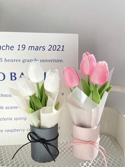 1 st elegant tulpanbukett i en liten blomhink - perfekt för heminredning, födelsedagspresenter och fotorekvisita, perfekt för alla hjärtans dag, Thanksgiving, mors dag och examensfiranden, blomsterdekorationer