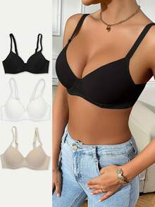 3 chiếc áo ngực màu đen đơn giản, có gọng, nâng đỡ và tạo dáng cho nữ - Đệm mỏng, chống chảy xệ, đồ lót người lớn - Nhiều màu - Xem 2