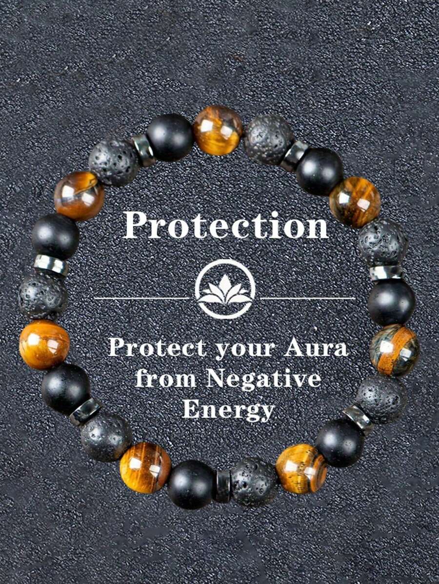 Men's Tiger Eye & Volcanic Stone Protection Bracelet, Grounding, Lucky, Confidence, Health, Release Fear, Boho Style Yoga Meditation Jewelry Unisex - Multicolor - View 1
