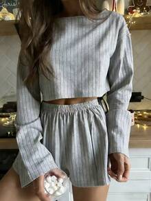 Nina Bonheur 两件套女士舒适半镂空长袖睡衣套装 + 侧开衩短裤睡衣 - 灰色 - 查看 3