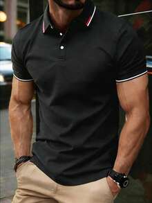 男士夏季 Polo 衫，休闲透气翻领短袖轻薄商务休闲上衣 - 黑色 - 查看 7