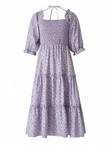 Mommy And Me Dress Mother And Daughter Matching Family Outfits Summer Mom And Girls Square Neck Maxi Dress - 紫色 - 查看 3
