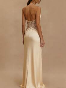 Women's Off Shoulder Halter Sheer Lace Splicing Maxi Dress Deep Plunge Neck Backless Bodycon Evening Formal Dress - Rượu sâm banh - Xem 3